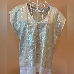 Velvet by Graham & Spencer Silver Sequin Cap Sleeve Sheer Top Blouse Small EUC